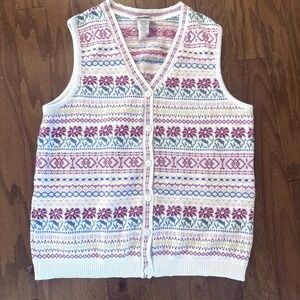 Northern Reflections Cotton Sweater Vest Women L Fair Isle Button Cardigan